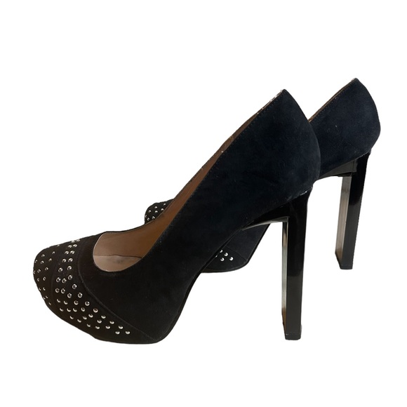Black Platform High Heels Size 8.5 Womens Block Heel 4.5” Faux Suede Studded - Picture 6 of 11